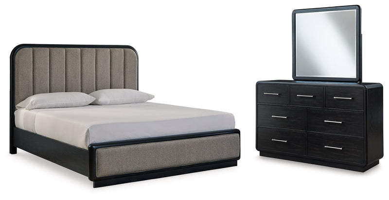 Rowanbeck Gray/Black California King Upholstered Panel Bed with Mirrored Dresser from Ashley - Lara Furniture
