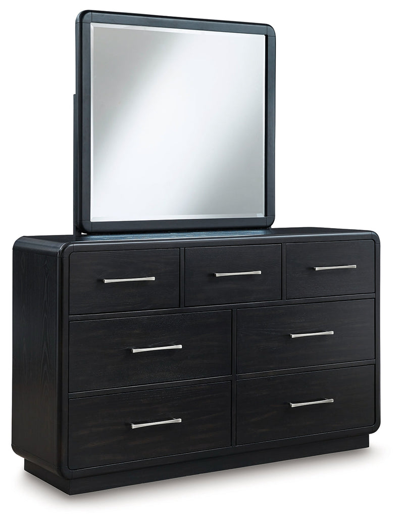 Rowanbeck Gray/Black California King Upholstered Panel Bed with Mirrored Dresser from Ashley - Lara Furniture