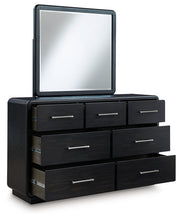 Rowanbeck King Upholstered Panel Bed with Mirrored Dresser from Ashley - Lara Furniture