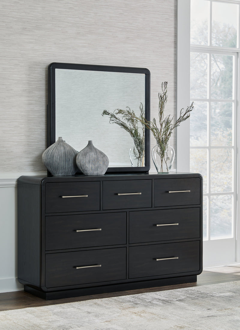 Rowanbeck Gray/Black California King Upholstered Panel Bed with Mirrored Dresser from Ashley - Lara Furniture