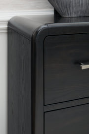 Rowanbeck Gray/Black California King Upholstered Panel Bed with Mirrored Dresser from Ashley - Lara Furniture