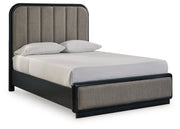 Rowanbeck Gray/Black Queen Upholstered Panel Bed with Mirrored Dresser from Ashley - Lara Furniture