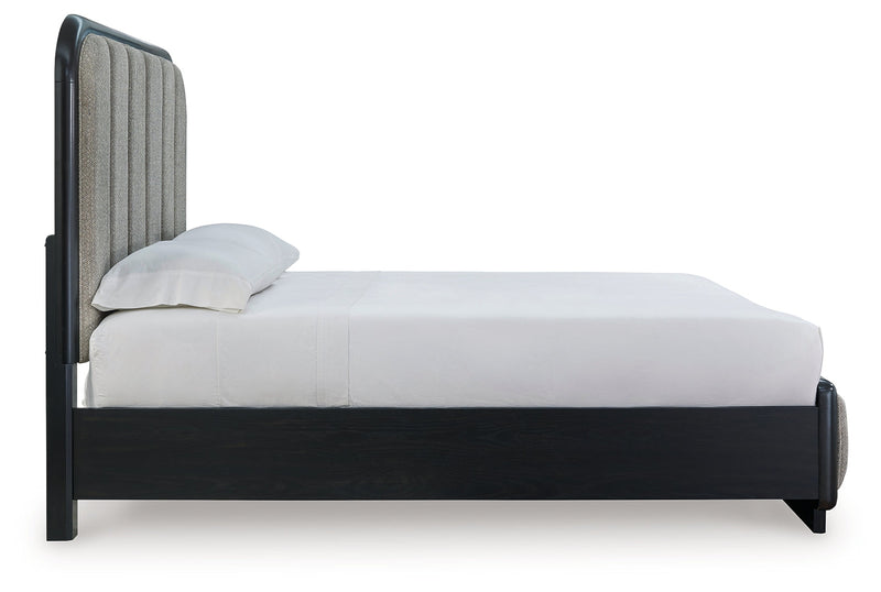 Rowanbeck Gray/Black Queen Upholstered Panel Bed with Mirrored Dresser from Ashley - Lara Furniture