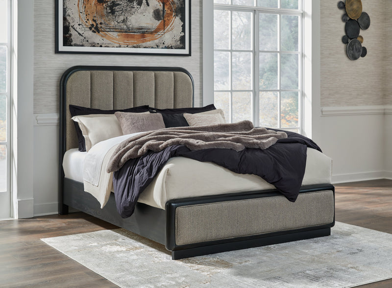 Rowanbeck Gray/Black Queen Upholstered Panel Bed with Mirrored Dresser from Ashley - Lara Furniture