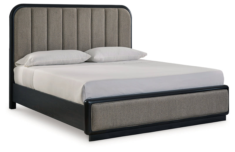 Rowanbeck Gray/Black California King Upholstered Panel Bed with Mirrored Dresser from Ashley - Lara Furniture
