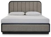 Rowanbeck Gray/Black California King Upholstered Panel Bed with Mirrored Dresser from Ashley - Lara Furniture