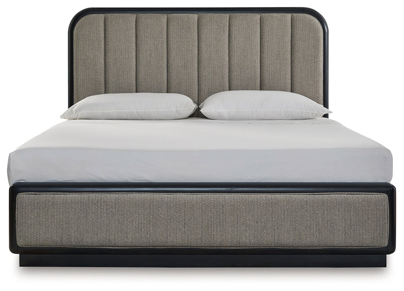 Rowanbeck Gray/Black California King Upholstered Panel Bed with Mirrored Dresser from Ashley - Lara Furniture