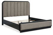 Rowanbeck Gray/Black California King Upholstered Panel Bed with Mirrored Dresser from Ashley - Lara Furniture