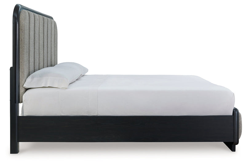 Rowanbeck Gray/Black California King Upholstered Panel Bed with Mirrored Dresser from Ashley - Lara Furniture