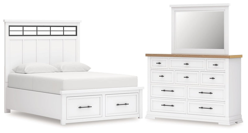 Ashbryn Queen Panel Storage Bed, Dresser and Mirror in White/Natural from Ashley - Lara Furniture