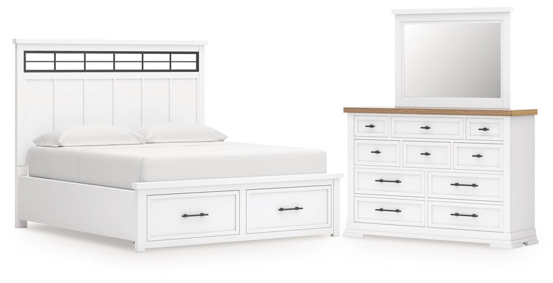 Ashbryn California King Panel Storage Bed, Dresser and Mirror in White/Natural from Ashley - Lara Furniture
