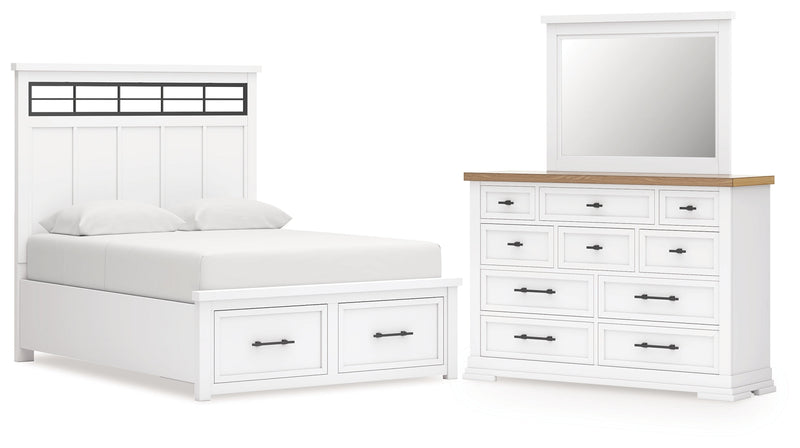 Ashbryn King Panel Storage Bed, Dresser and Mirror in White/Natural from Ashley - Lara Furniture