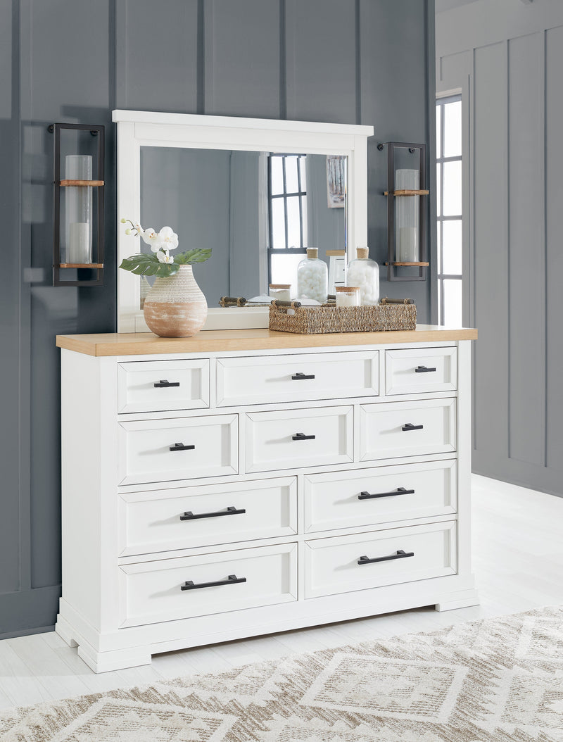 Ashbryn California King Panel Storage Bed, Dresser and Mirror in White/Natural from Ashley - Lara Furniture