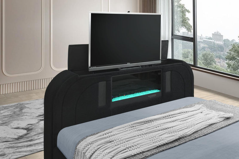 Evalyn Black King TV Fireplace Bed