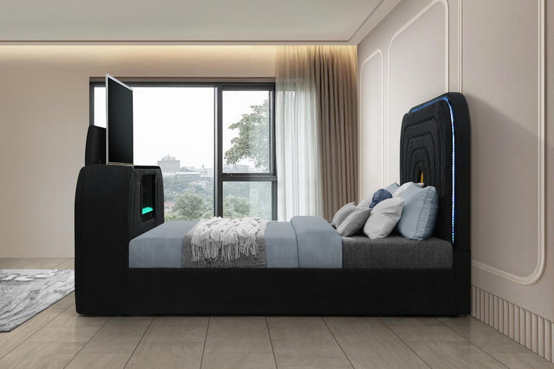 Evalyn Black King TV Fireplace Bed