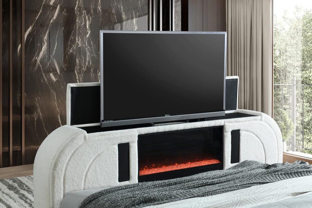 Evalyn White King TV Fireplace Bed