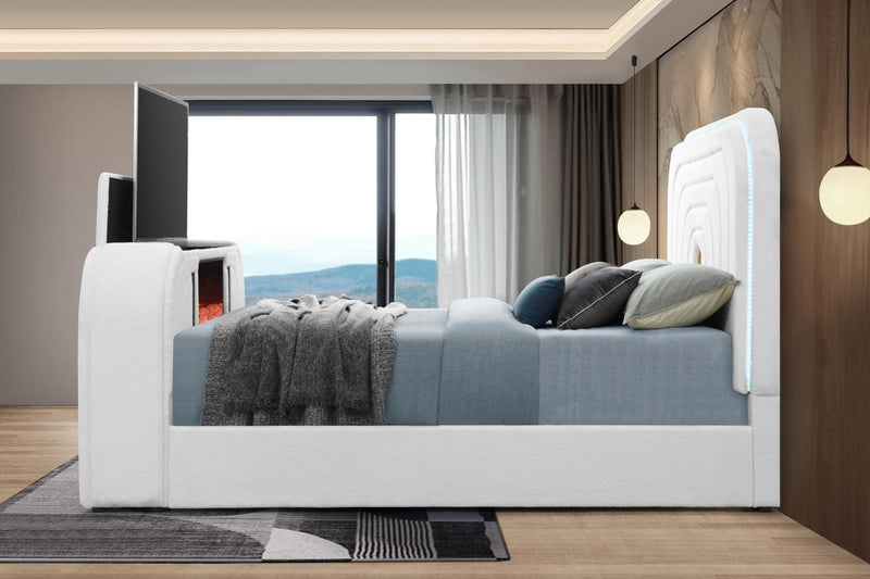 Evalyn White King TV Fireplace Bed