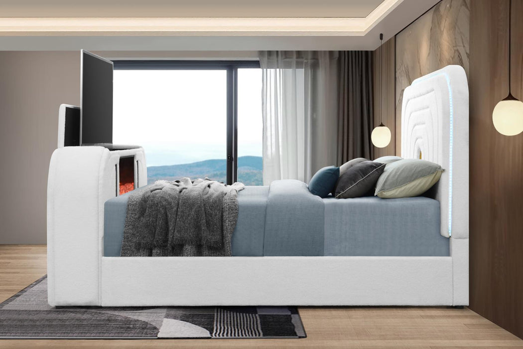Evalyn White King TV Fireplace Bed