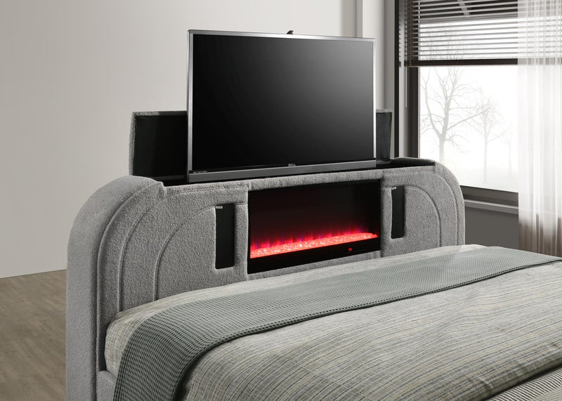 Evalyn Gray King TV Fireplace Bed