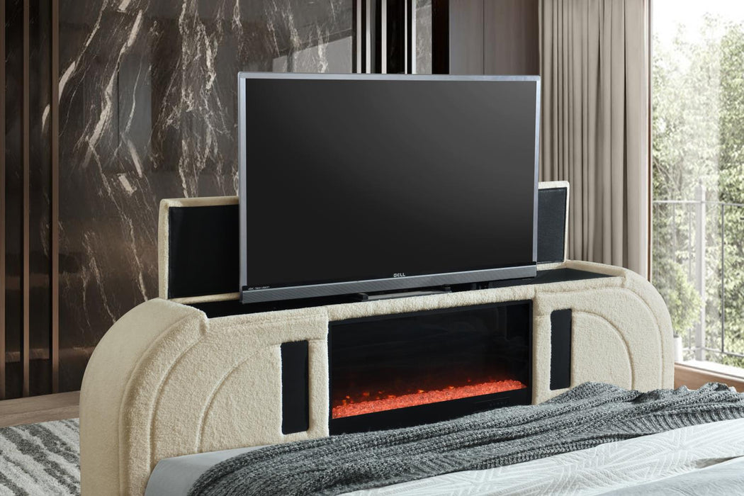 Evalyn Beige King TV Fireplace Bed