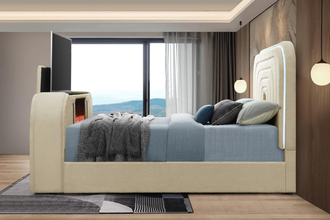 Evalyn Beige King TV Fireplace Bed