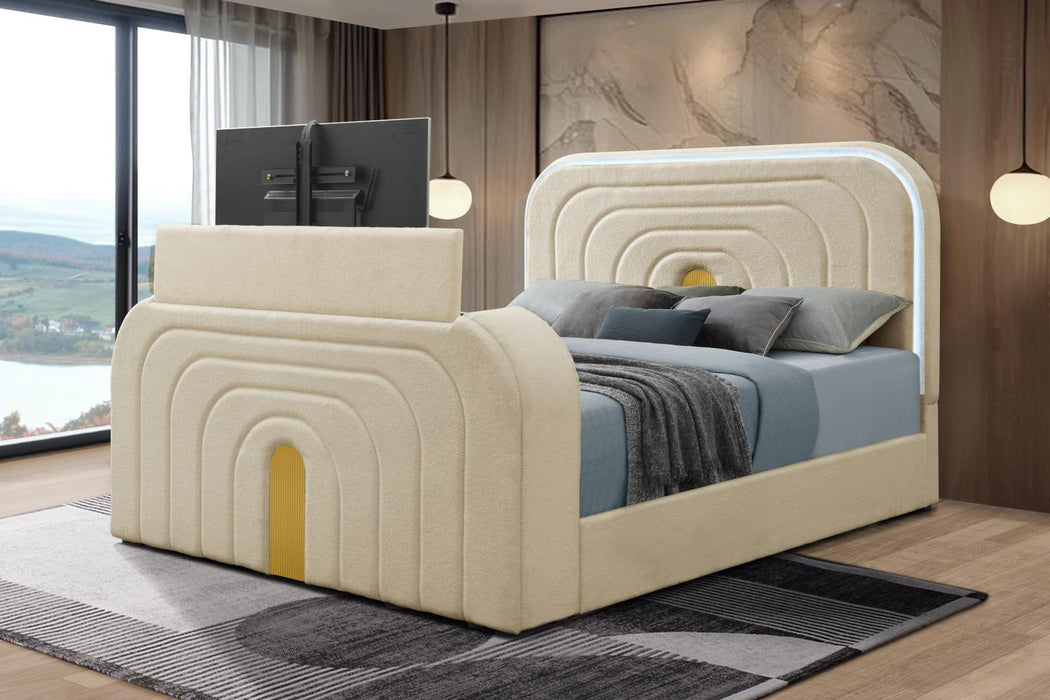 Evalyn Beige King TV Fireplace Bed