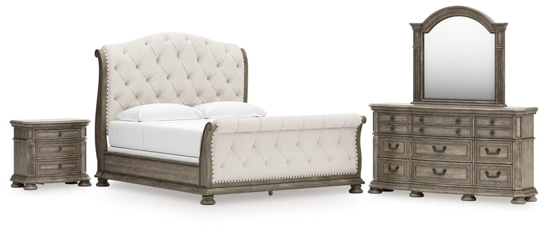 Ardenfield Light Brown King Sleigh Bed, Dresser, Mirror and Nightstand from Ashley - Lara Furniture