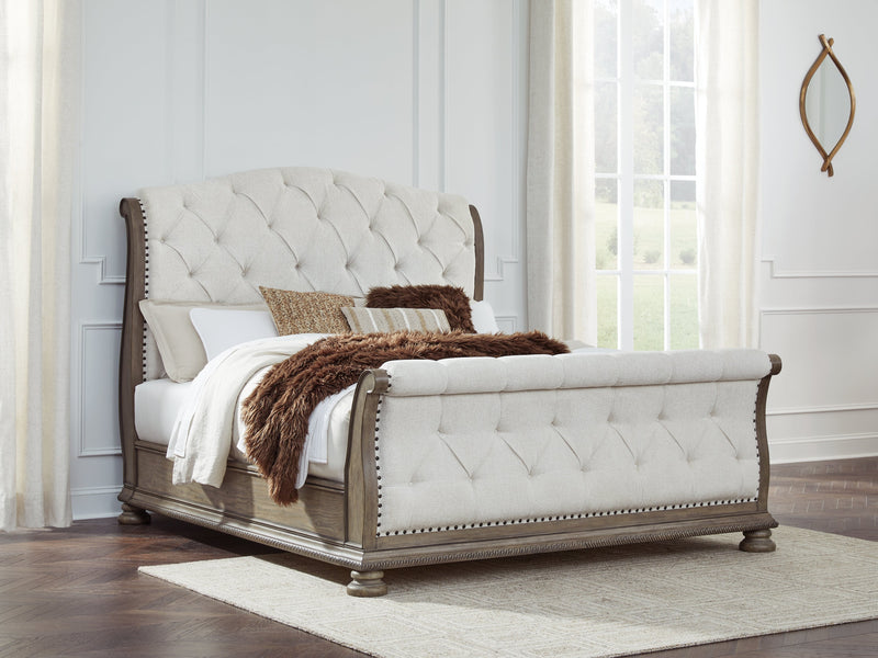 Ardenfield Light Brown King Sleigh Bed, Dresser, Mirror and Nightstand from Ashley - Lara Furniture