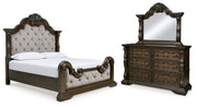 Maylee Dark Brown Queen Upholstered Bed with Mirrored Dresser from Ashley - Lara Furniture