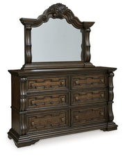 Maylee Dark Brown California King Upholstered Bed with Mirrored Dresser from Ashley - Lara Furniture