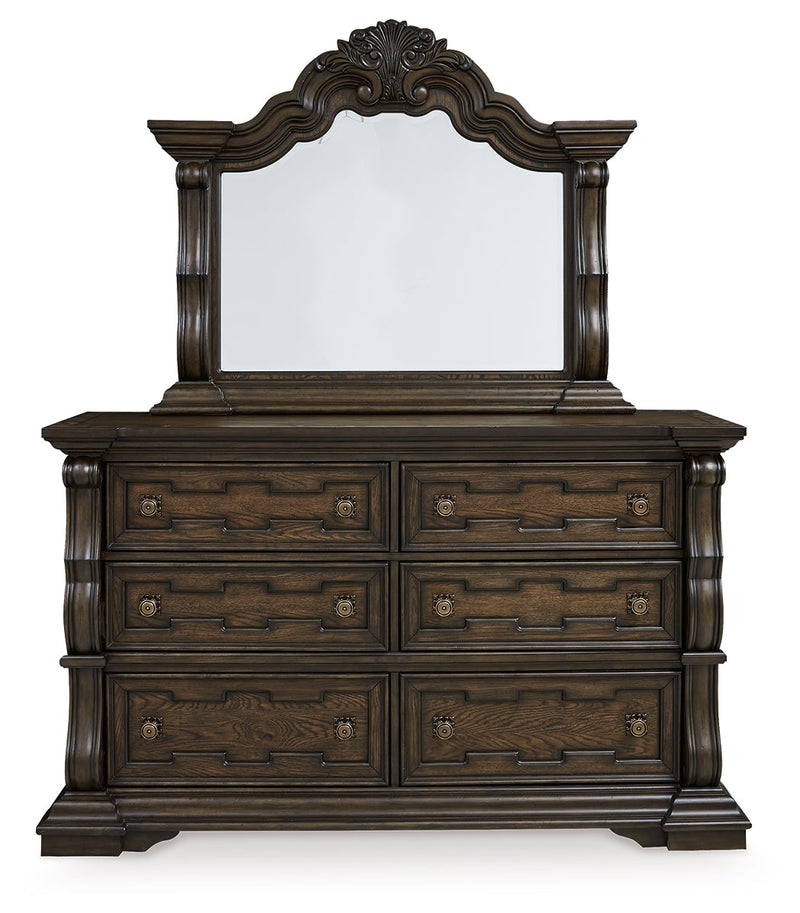 Maylee Dark Brown California King Upholstered Bed with Mirrored Dresser from Ashley - Lara Furniture