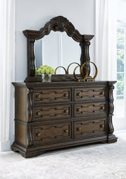 Maylee Dark Brown California King Upholstered Bed with Mirrored Dresser from Ashley - Lara Furniture