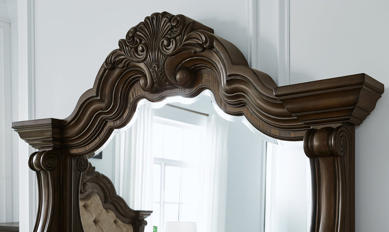 Maylee Dark Brown Queen Upholstered Bed with Mirrored Dresser from Ashley - Lara Furniture