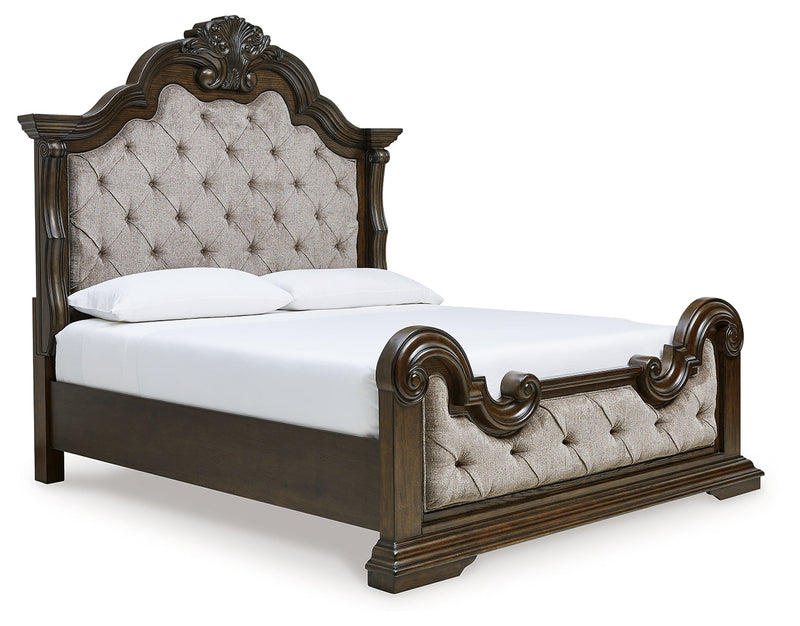 Maylee Dark Brown King Upholstered Bed with Mirrored Dresser from Ashley - Lara Furniture