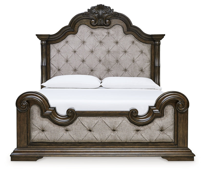 Maylee Dark Brown California King Upholstered Bed with Mirrored Dresser from Ashley - Lara Furniture