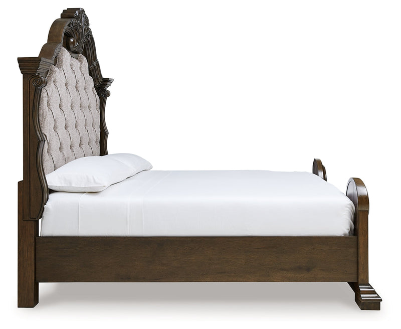 Maylee Dark Brown California King Upholstered Bed with Mirrored Dresser from Ashley - Lara Furniture