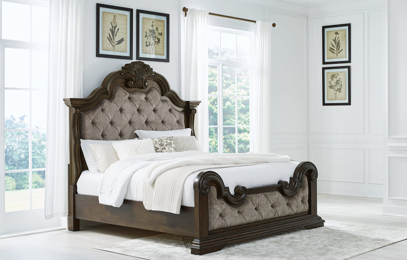Maylee Dark Brown California King Upholstered Bed with Mirrored Dresser from Ashley - Lara Furniture