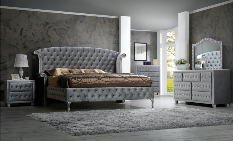 Stylish Dana Gray Upholstered Velvet  Panel Bedroom Set