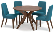 Lyncott Brown Round Dining Table and 4 Blue/Brown Chairs from Ashley - Lara Furniture
