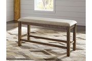 Moriville Grayish Brown Counter Height Dining Table with 4 Barstools, Bench, and Server -  Ashley - Lara Furniture