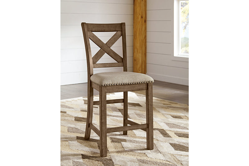 Moriville Grayish Brown Counter Height Dining Table with 4 Barstools, Bench, and Server -  Ashley - Lara Furniture