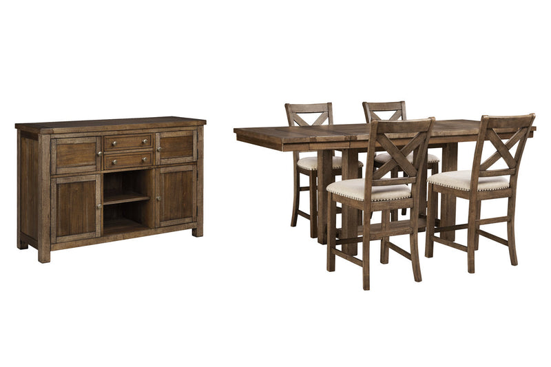 Moriville Grayish Brown Counter Height Dining Table, 4 Barstools and Server -  Ashley - Lara Furniture
