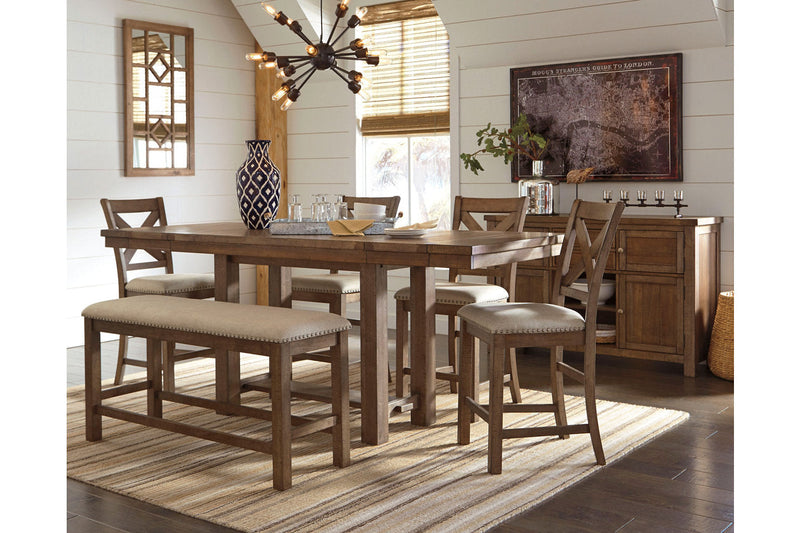 Moriville Grayish Brown Counter Height Dining Table with 4 Barstools, Bench, and Server -  Ashley - Lara Furniture