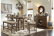 Moriville Grayish Brown Counter Height Dining Table with 4 Barstools, Bench, and Server -  Ashley - Lara Furniture