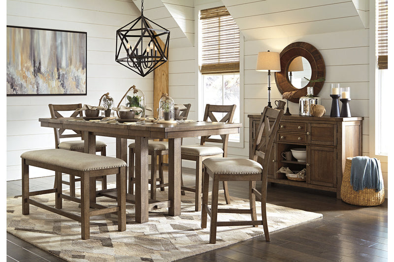 Moriville Grayish Brown Counter Height Dining Table with 4 Barstools, Bench, and Server -  Ashley - Lara Furniture