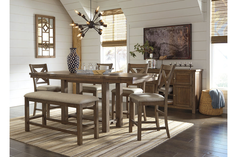 Moriville Grayish Brown Counter Height Dining Table with 4 Barstools, Bench, and Server -  Ashley - Lara Furniture