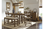 Moriville Grayish Brown Counter Height Dining Table with 4 Barstools, Bench, and Server -  Ashley - Lara Furniture