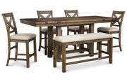 Moriville Grayish Brown Counter Height Dining Table with 4 Barstools and Bench -  Ashley - Lara Furniture