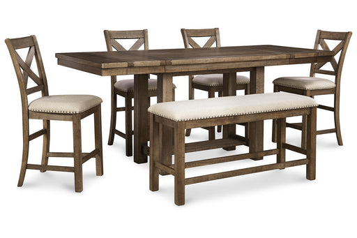 Moriville Grayish Brown Counter Height Dining Table with 4 Barstools and Bench -  Ashley - Lara Furniture