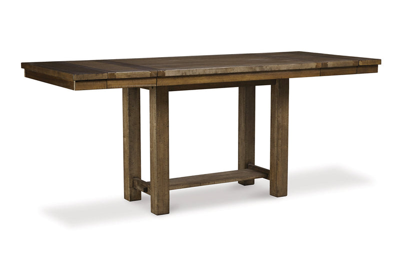 Moriville Grayish Brown Counter Height Dining Table with 4 Barstools, Bench, and Server -  Ashley - Lara Furniture